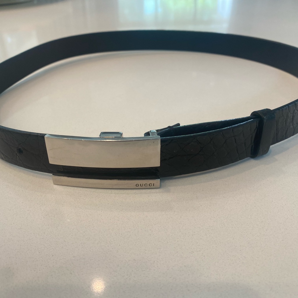 Vintage Unisex Black Gucci Belt. Silver Buckle Stamped Gucci. Croc Leather Strap